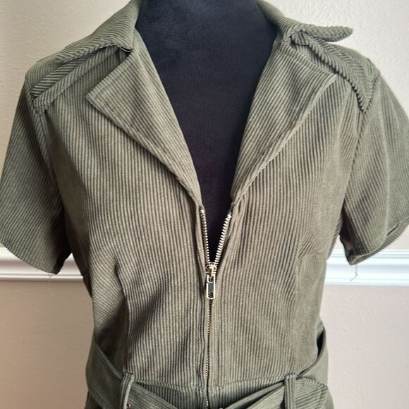 Women's Corduroy Zipper Mini Dress Army Green Size Small - Picture 4 of 5